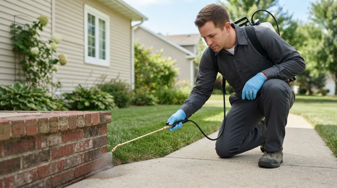 Pest control technician treating a home near Patoka, IL